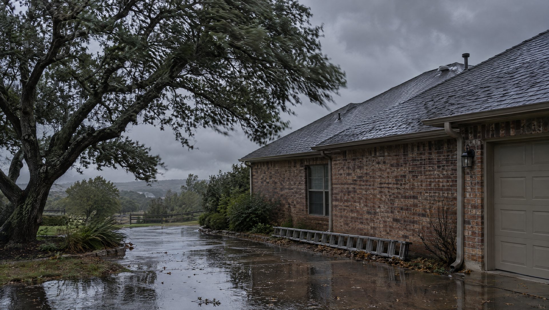 A wet shingle roof on a brick house under a gray sky with a live oak bending in the wind and a ladder laid flat.