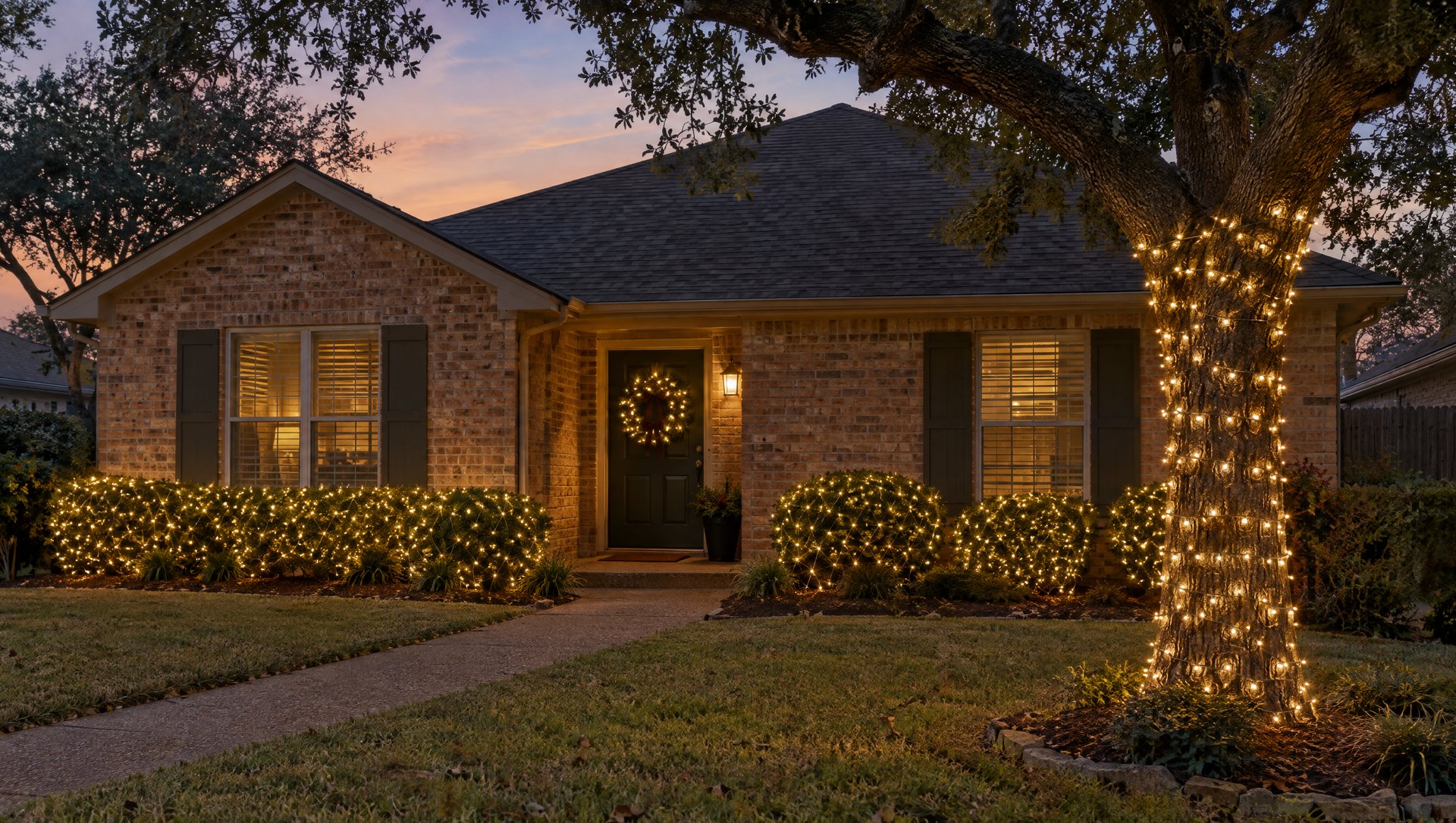A brick house at dusk with only a wreath, lit bushes and a wrapped tree trunk, the roofline left dark.