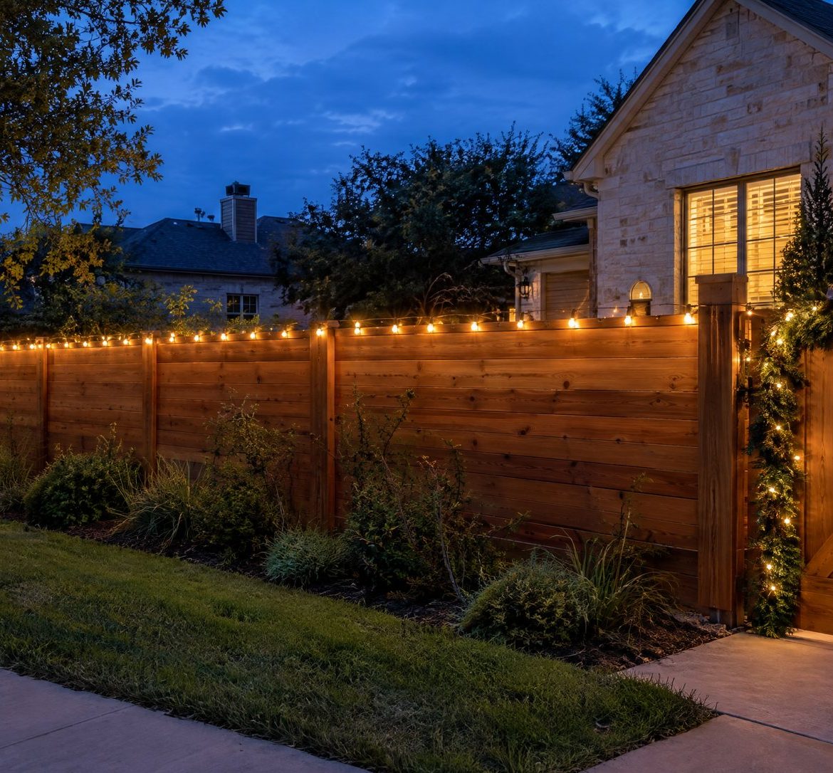 Cedar fence with warm white C9 lights along the top rail at night
