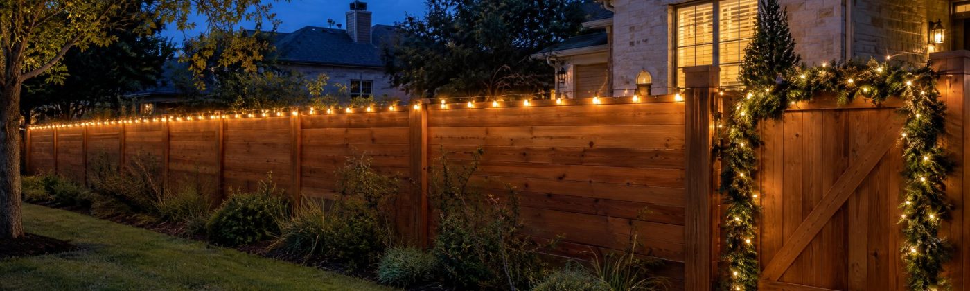 Cedar fence with warm white C9 lights along the top rail at night