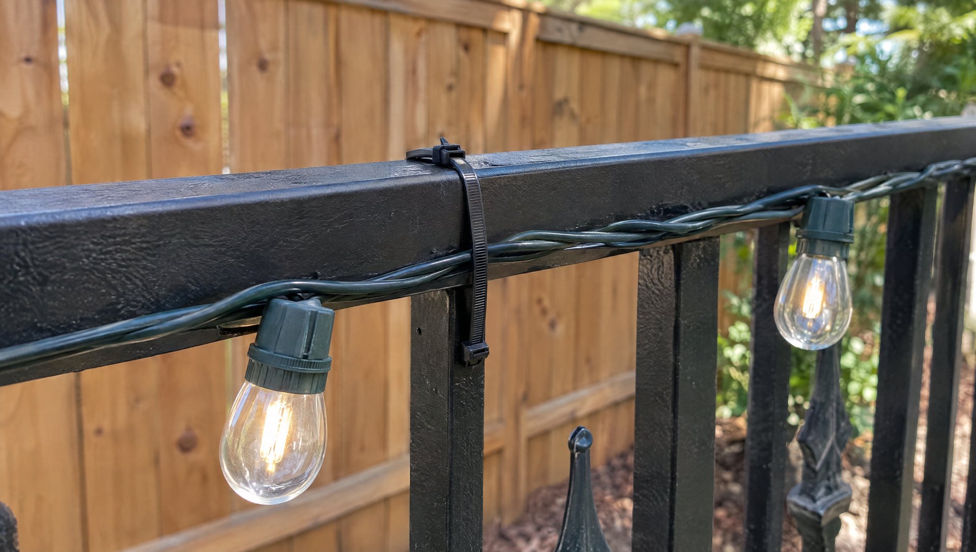 Black zip tie fastening Christmas lights to a wrought-iron fence rail