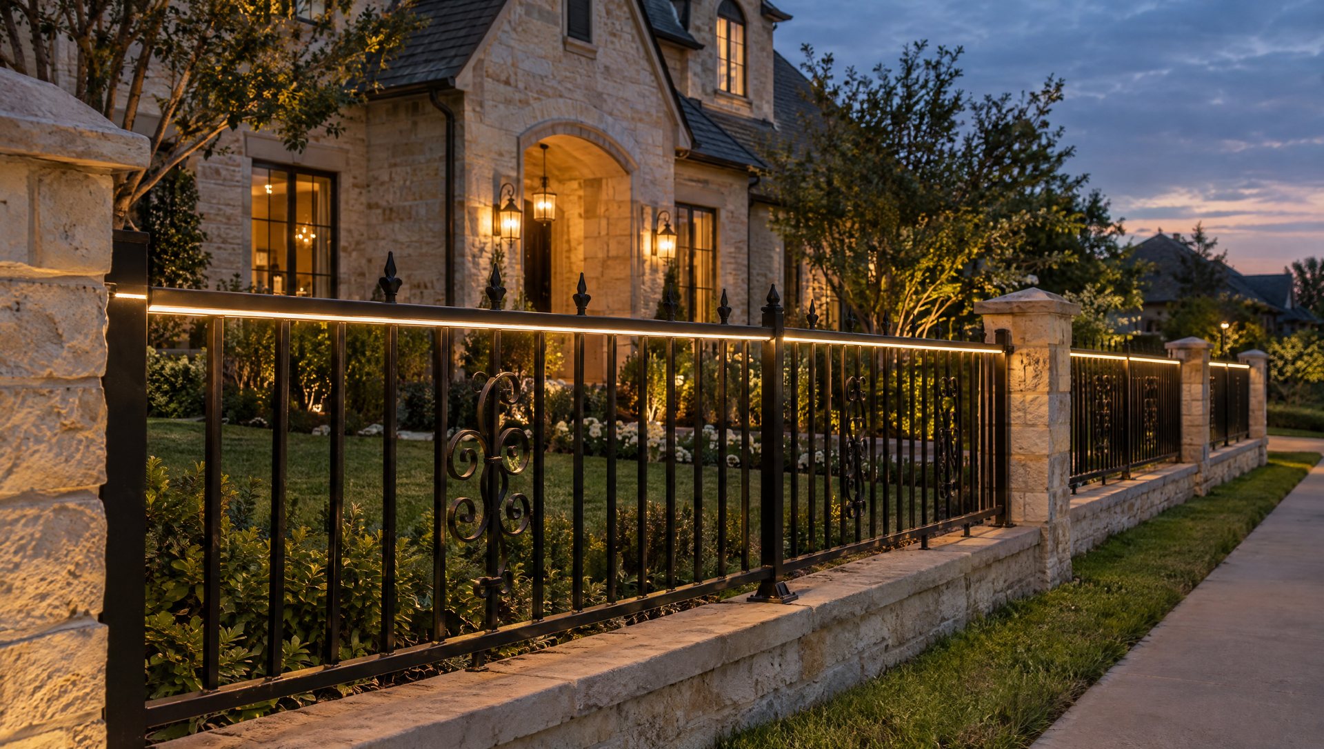 Iron fence with a straight line of warm white Christmas lights along the top rail at dusk