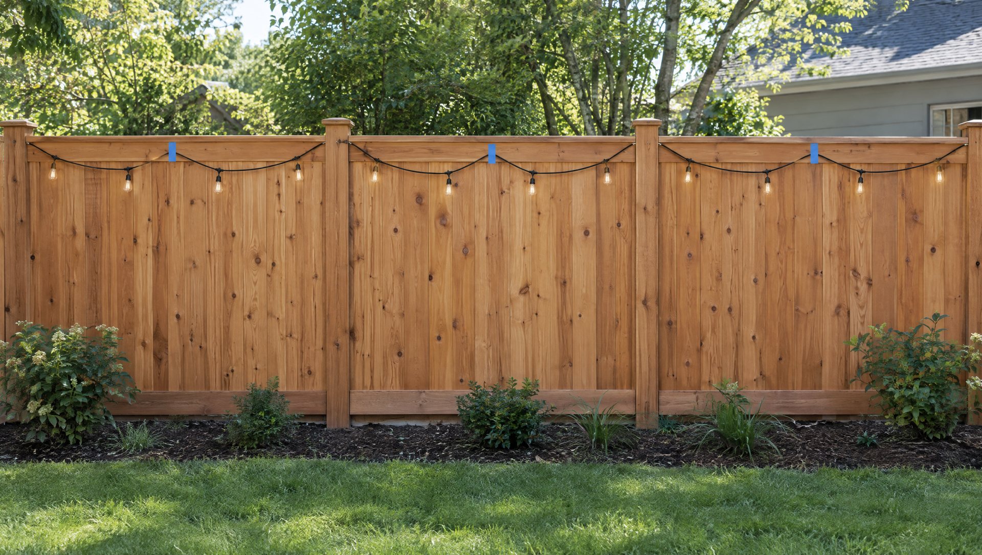 Cedar fence with evenly swagged Christmas lights and tape marks at the center of each span
