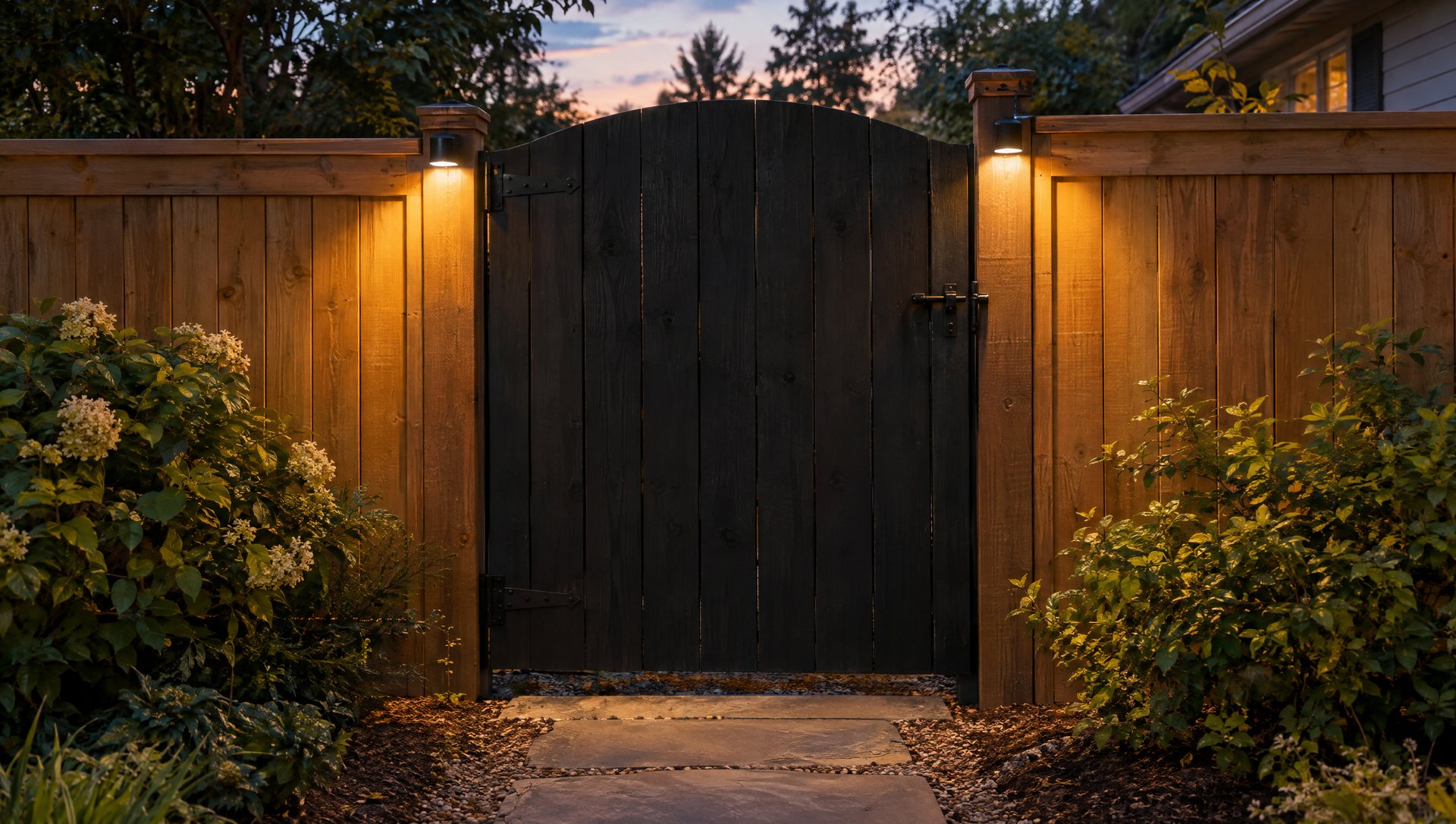 Dark wooden gate between two fence sections lit with Christmas lights at dusk