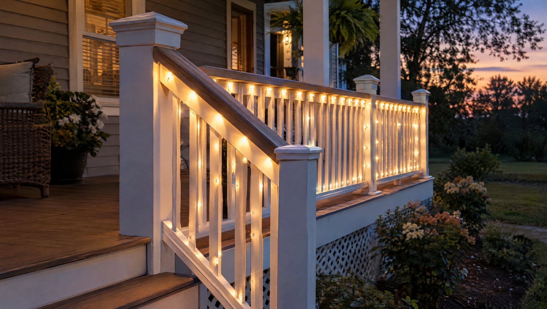 Porch railing with Christmas lights on the outside face and a clear top grip at dusk