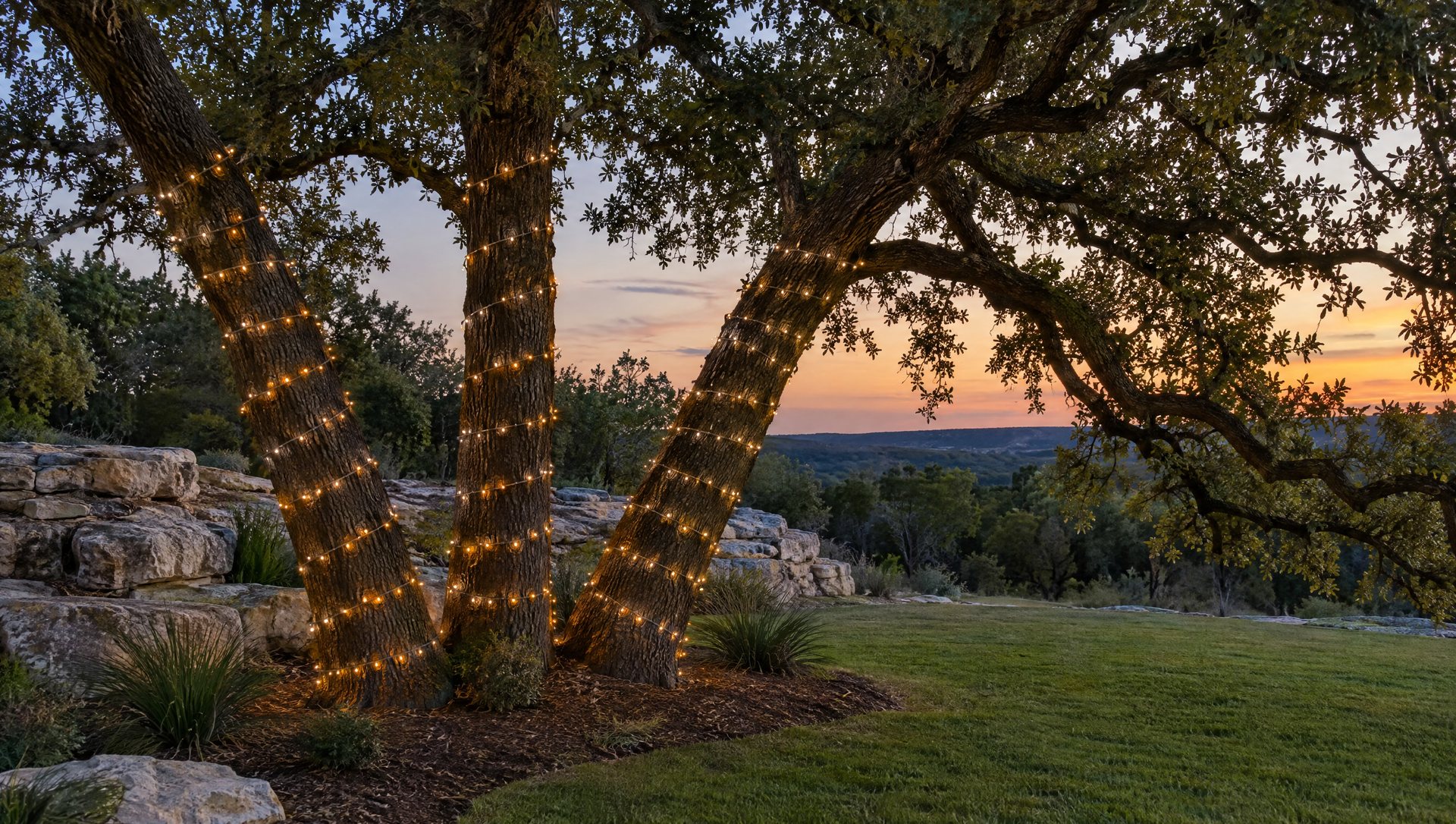 A multi-trunk live oak at dusk with each trunk wrapped separately in warm white lights.