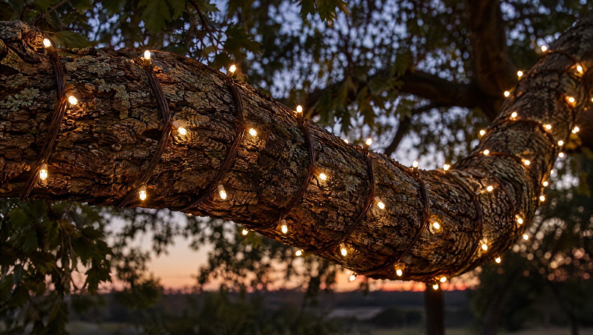 Close view of warm white mini lights on brown wire wrapped evenly around furrowed oak bark.