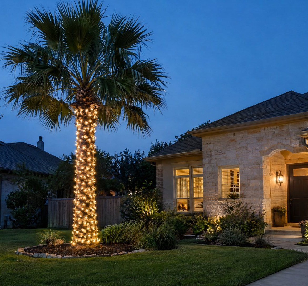 Christmas Lights on Palm Trees: How to Light Austin's Palms Fan palm with its trunk wrapped in warm white lights and the crown left unlit