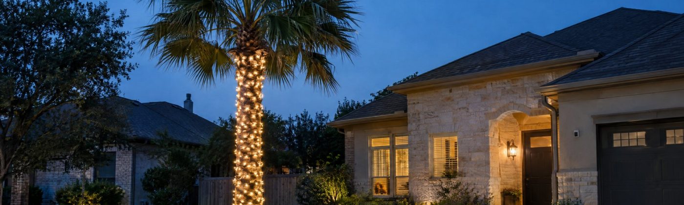 Fan palm with its trunk wrapped in warm white lights and the crown left unlit