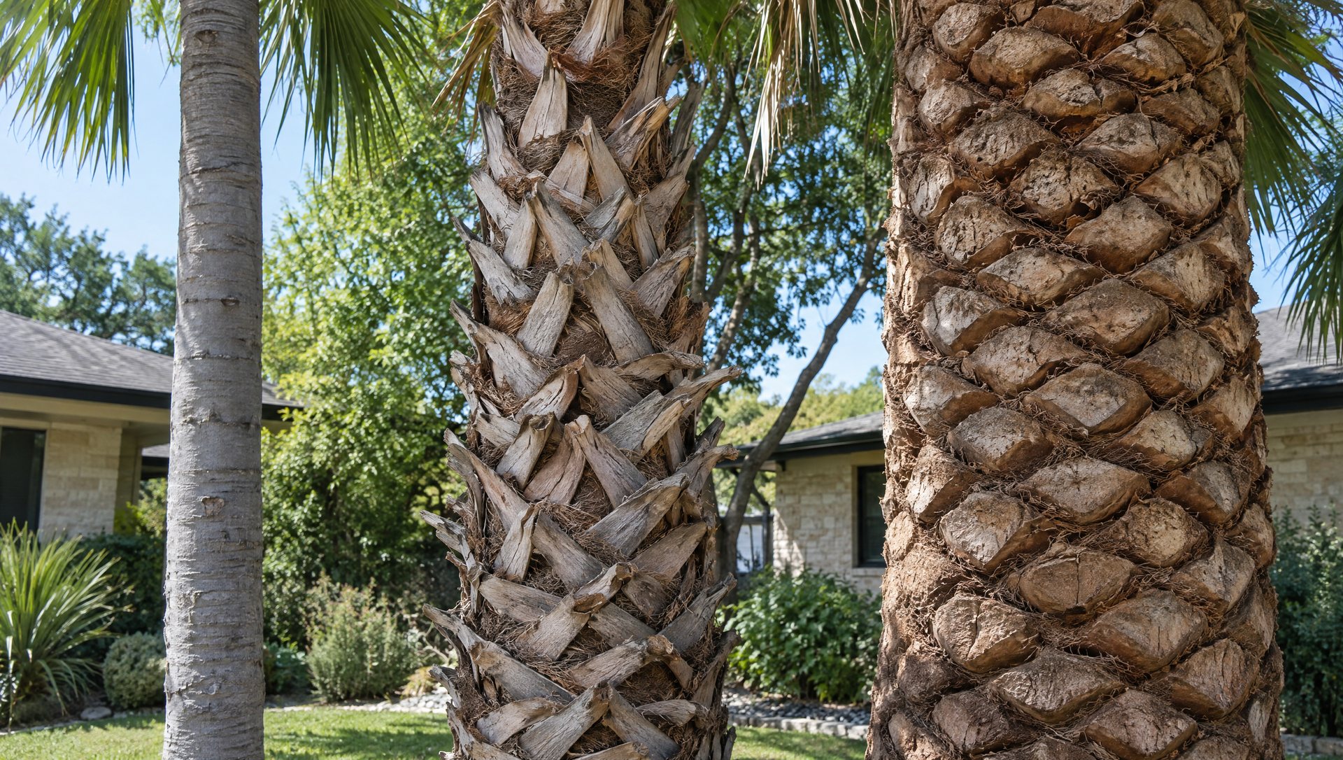 Mexican fan, sabal and Canary Island date palm trunks compared before wrapping in Christmas lights