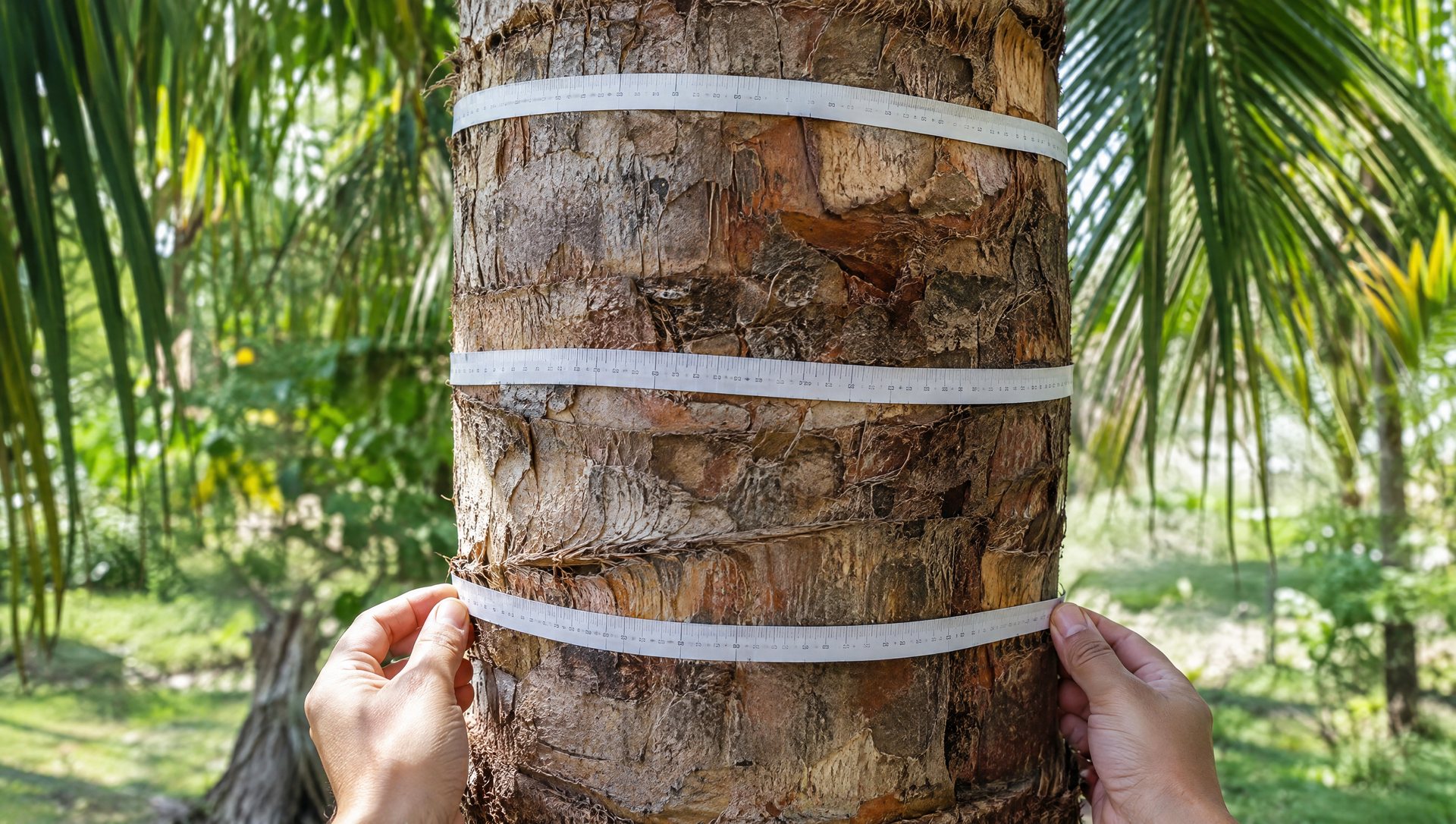 Measuring a palm trunk's circumference at three heights before wrapping it in Christmas lights
