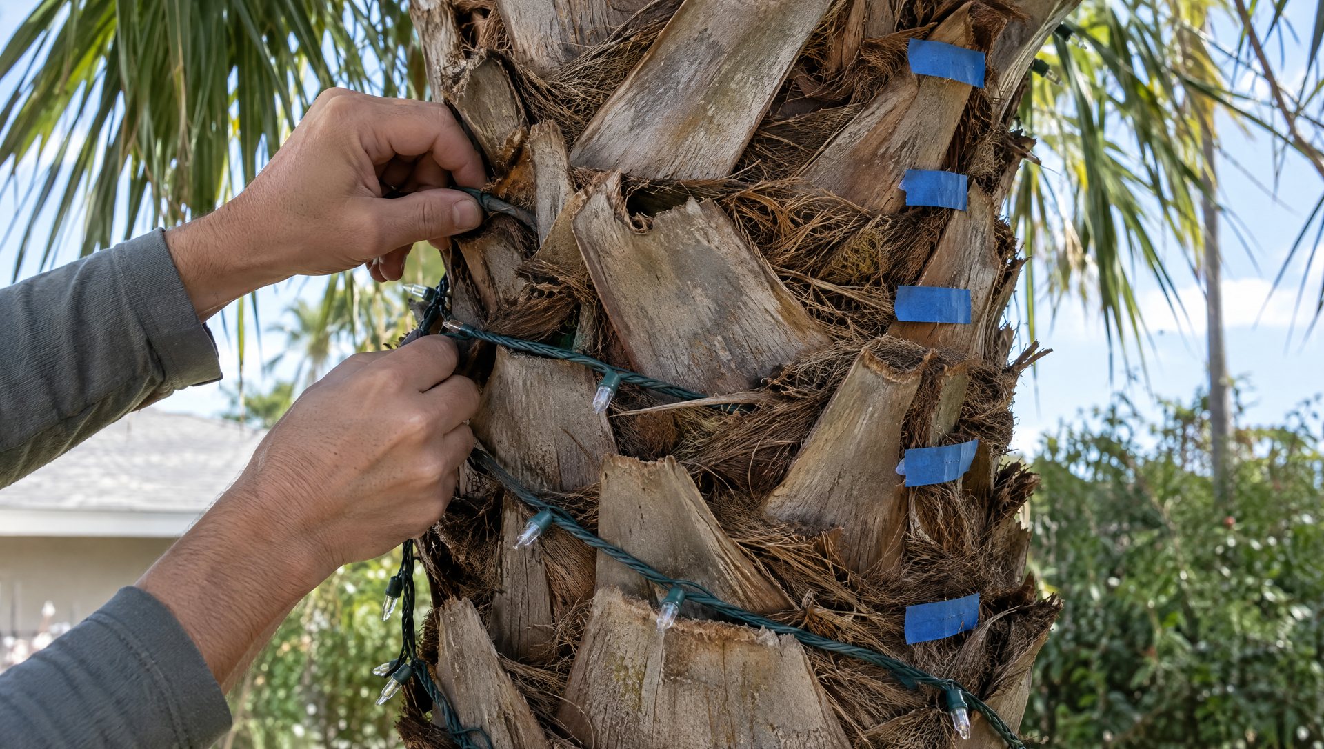 Hands wrapping Christmas lights up a palm trunk, tucking wire into the boots with tape marks for spacing