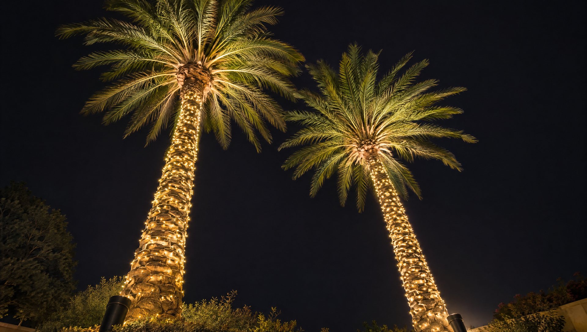 Two palm trunks wrapped in warm white Christmas lights with crowns uplit from the ground at night