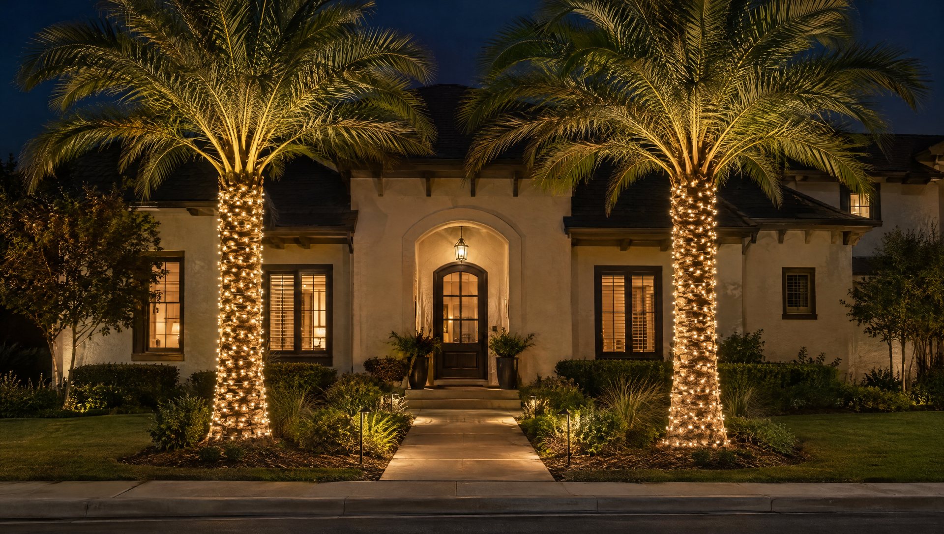 Pair of palms flanking a front walk, wrapped in matching Christmas lights to the same height