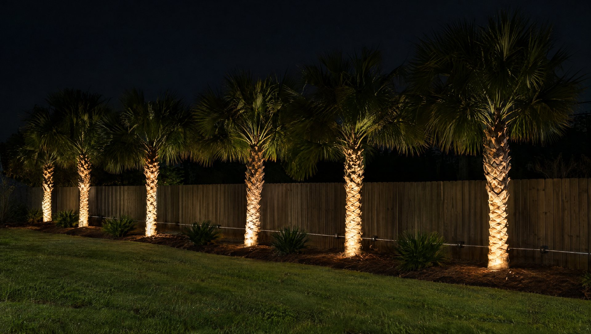 Row of palms with matching lit trunk heights and a cord routed along the back of the bed at night