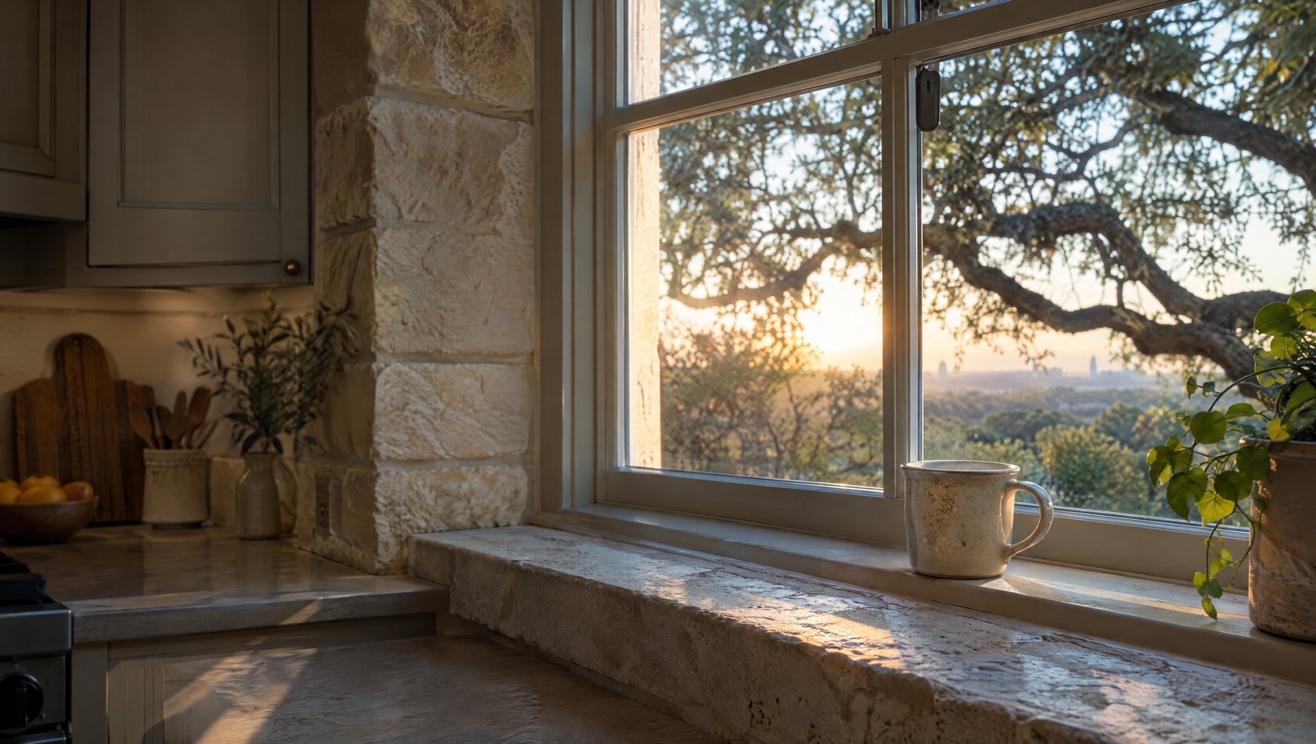 Early morning sunlight through a kitchen window with a coffee mug on the sill and oak branches outside