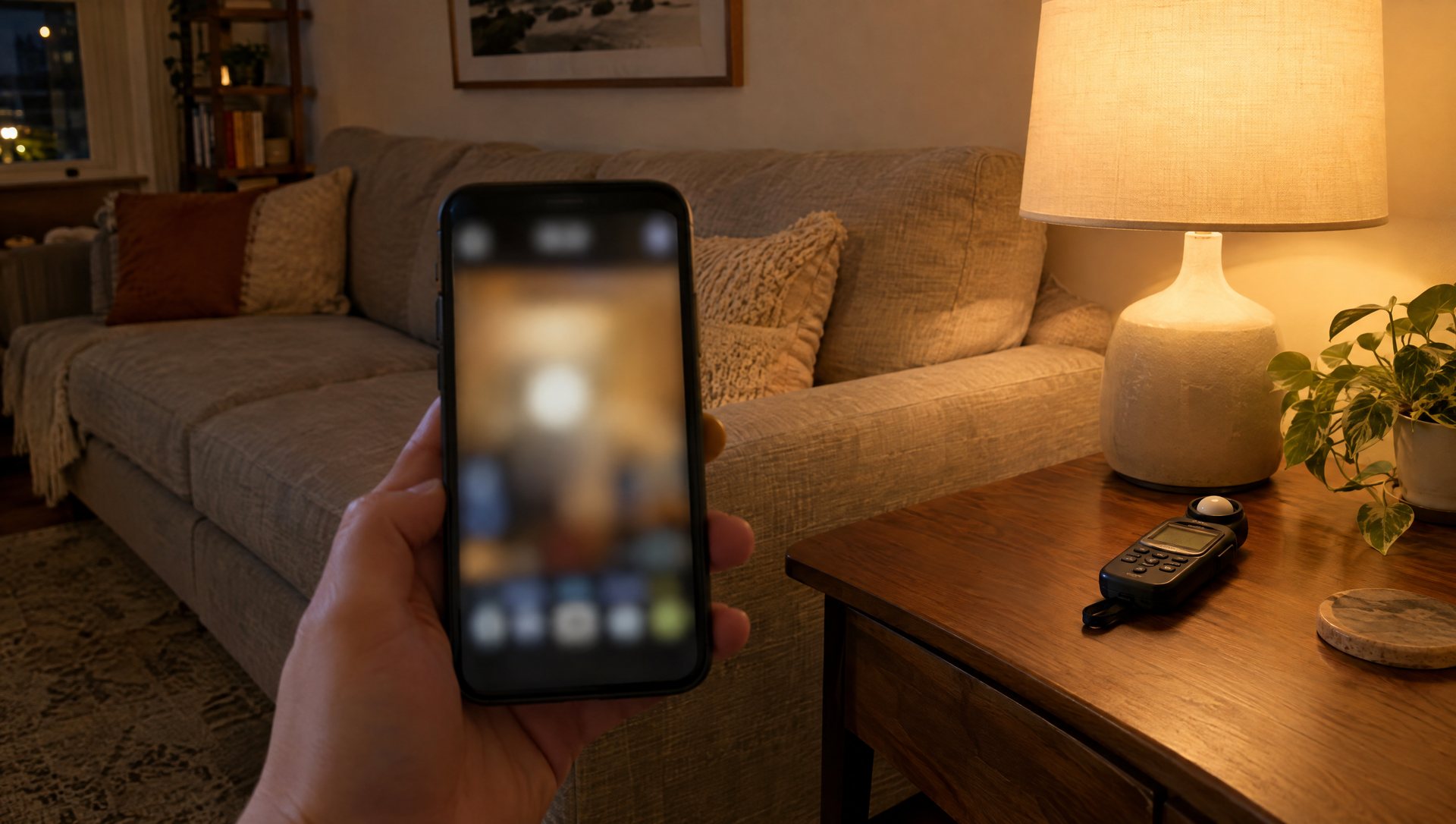 Phone held at seated eye height measuring light in a lamp-lit living room, with a light meter nearby