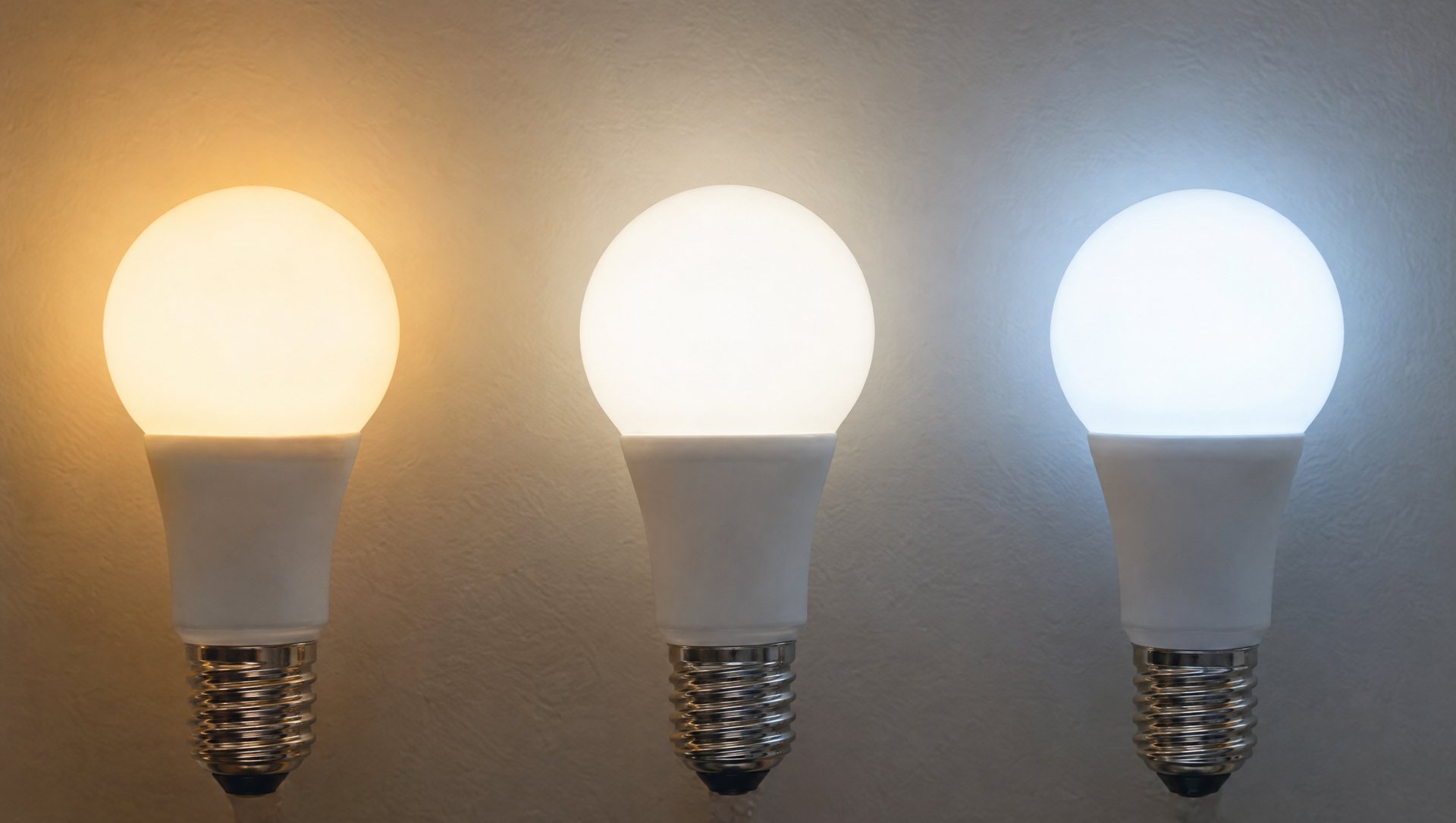 Three identical LED bulbs glowing warm, neutral and cool white side by side