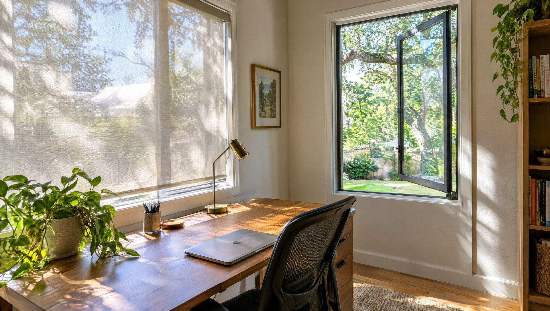 Bright home office with solar shades on one window and an open north window beside the desk
