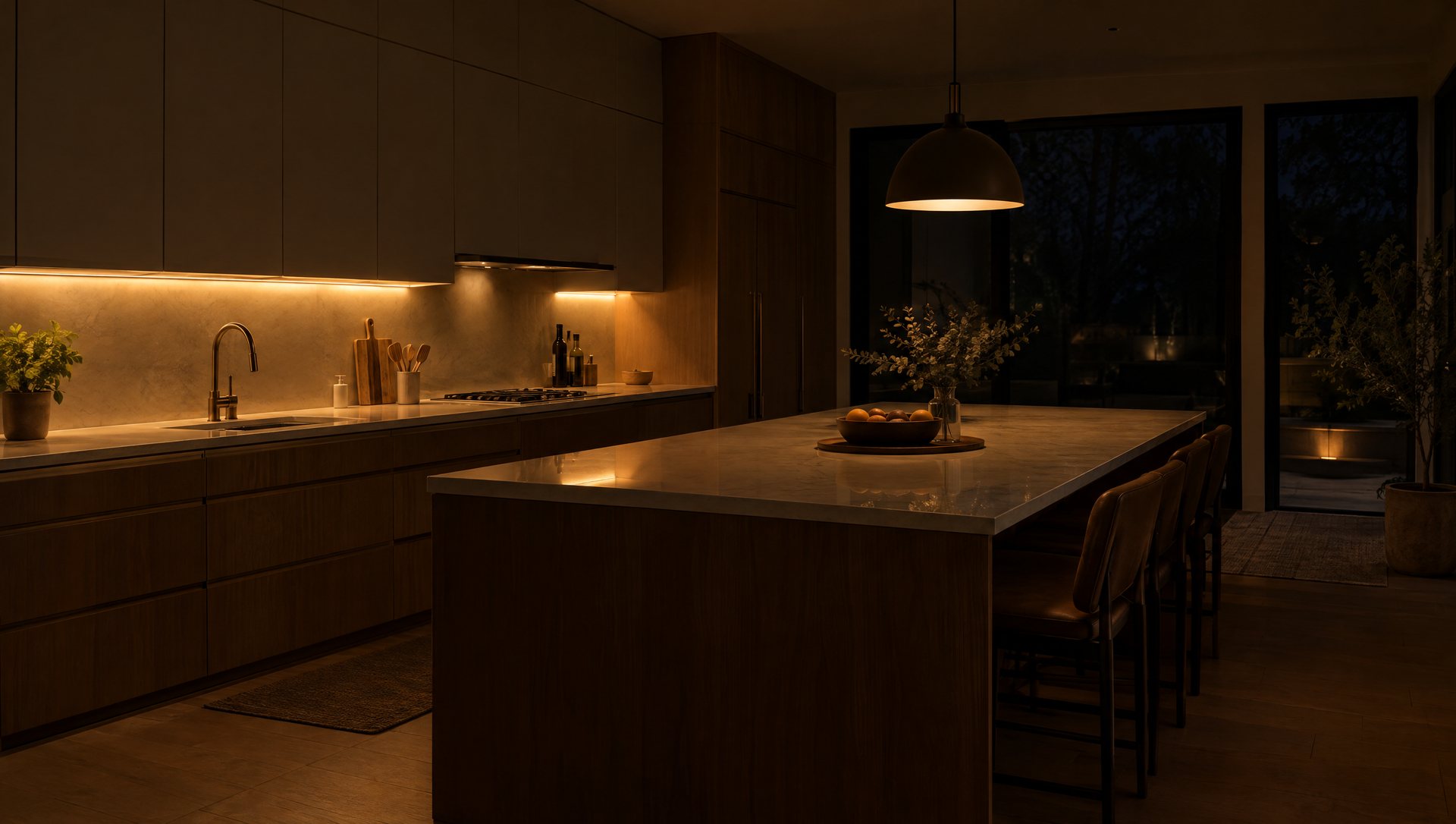 Kitchen at night lit only by warm under-cabinet strips and one dimmed pendant over the island