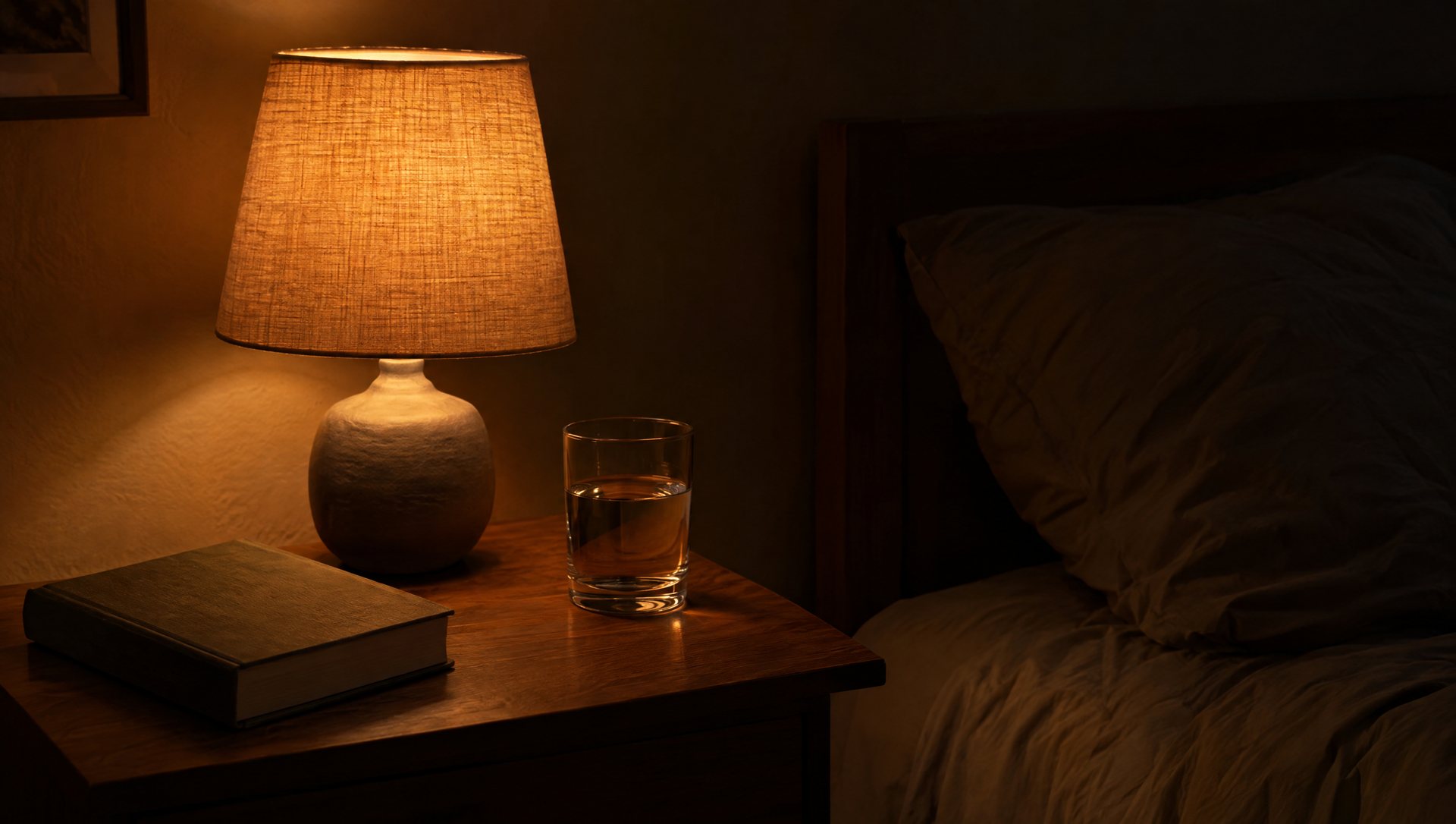 Bedside lamp glowing dim and warm beside a book and a glass of water in a dark bedroom