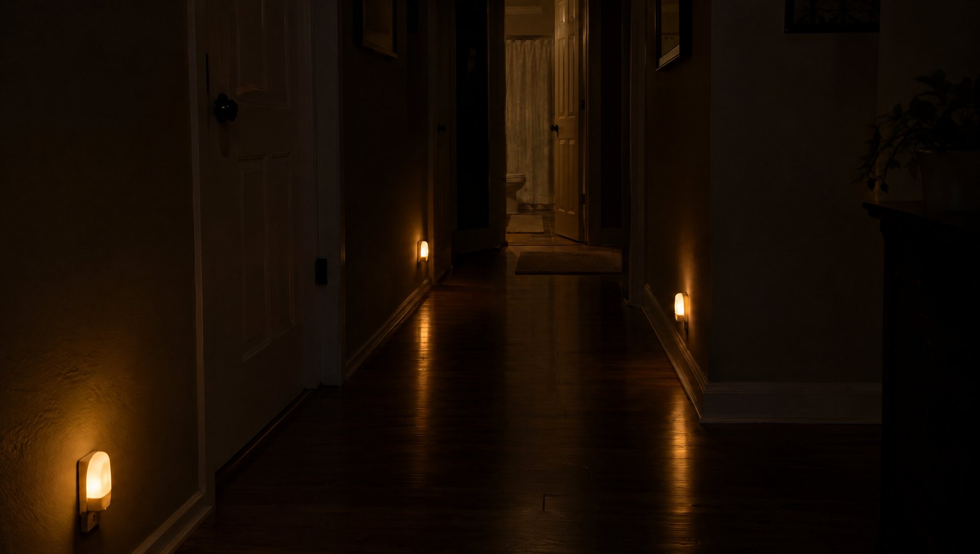Dark hallway with small low amber night lights near the floor leading to a bathroom door