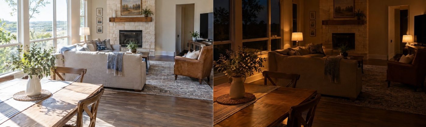 Living room shown in bright morning daylight on one side and dim warm evening lamplight on the other