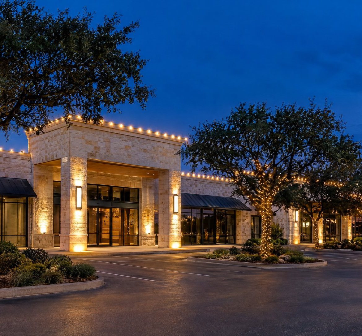 Commercial Christmas Light Installation in Austin: Cost, Approvals and Permits Limestone retail center at blue hour with warm white parapet lights and wrapped parking-island live oaks.
