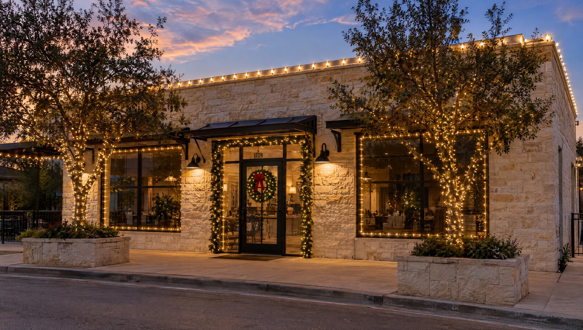 A limestone storefront at dusk with lit parapet, garland around the door and wrapped trees in planters.
