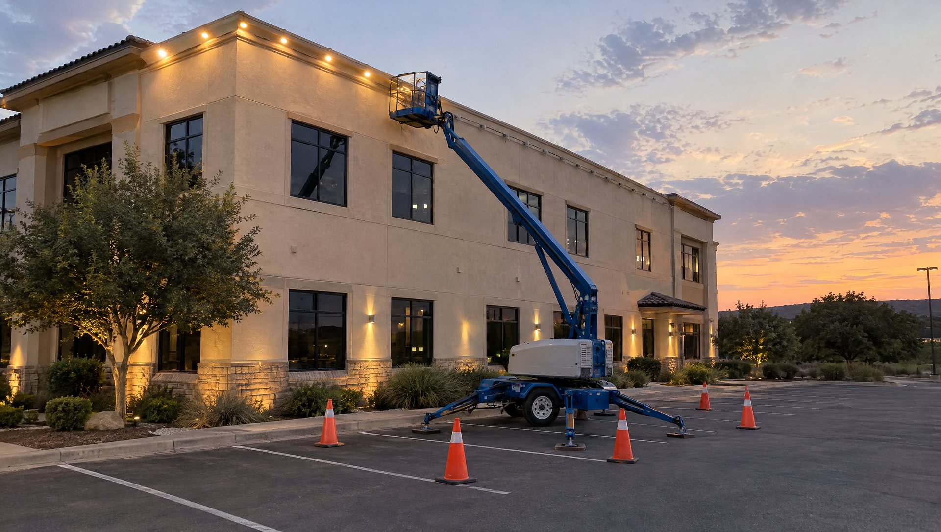 A towable lift beside a two-story stucco office with lights half installed along the parapet.