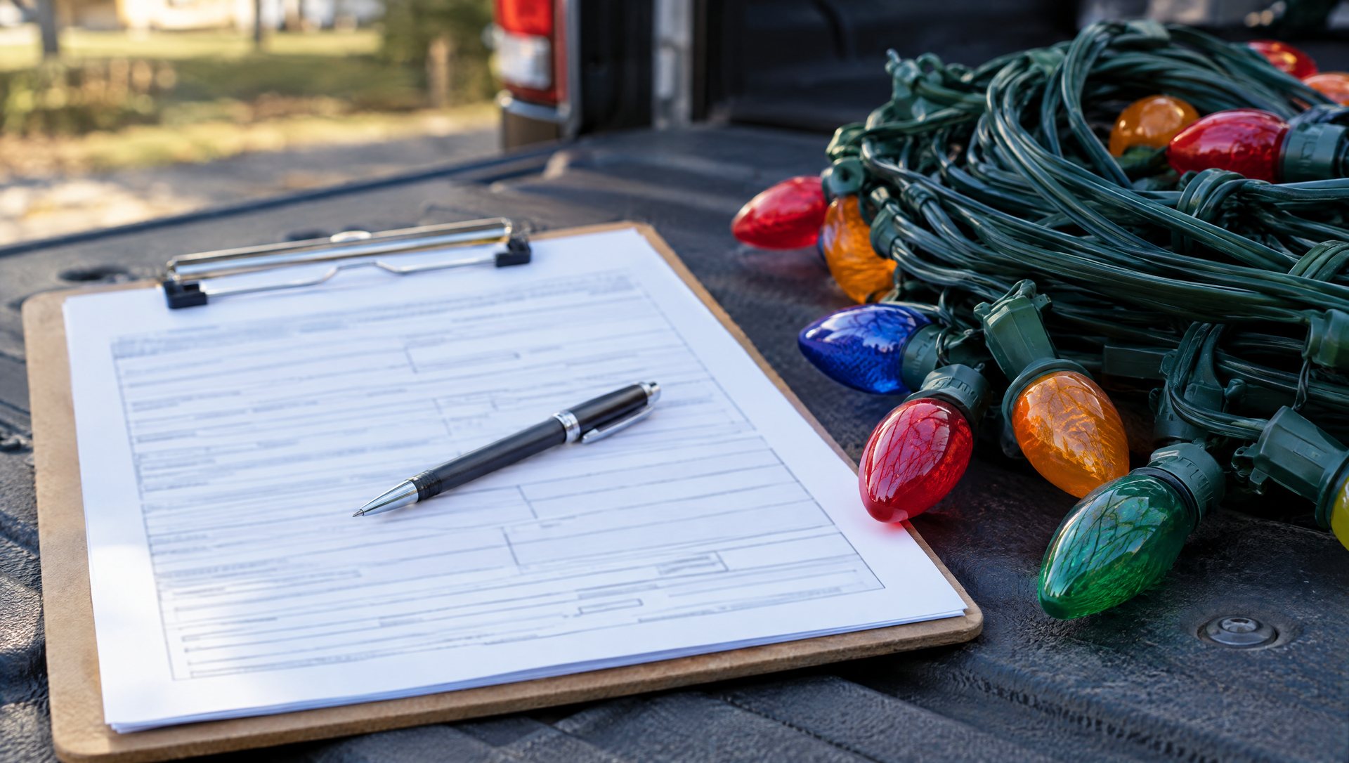 A clipboard with a blurred insurance form resting on a coil of light strings on a truck tailgate.