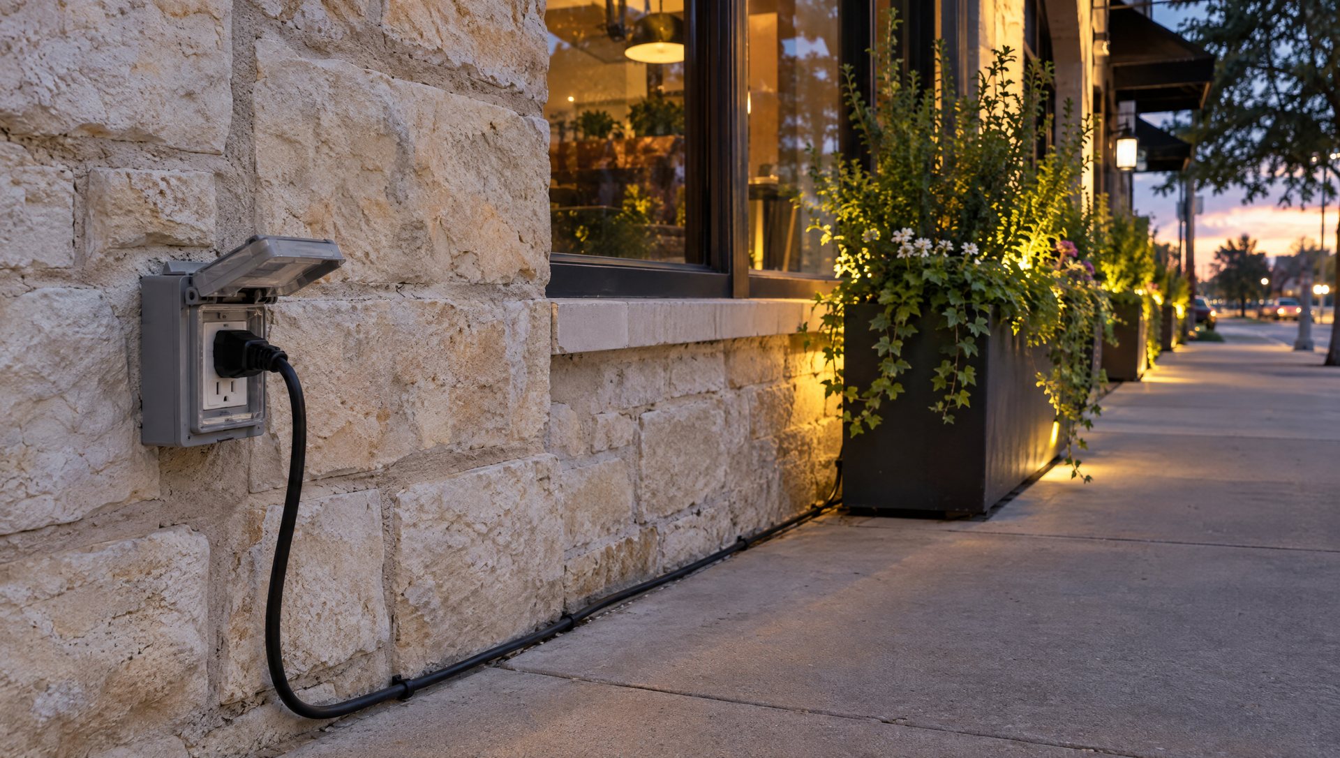 A covered outdoor outlet on a limestone storefront wall with one cord running along the wall base at dusk.