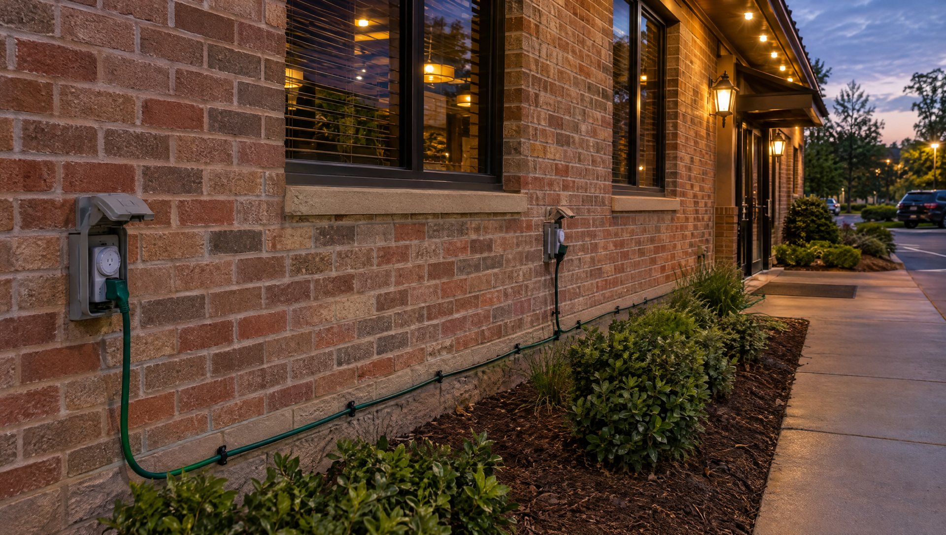 Two covered outlets on a brick restaurant wall, each with a plug-in timer and cords run along the wall base.