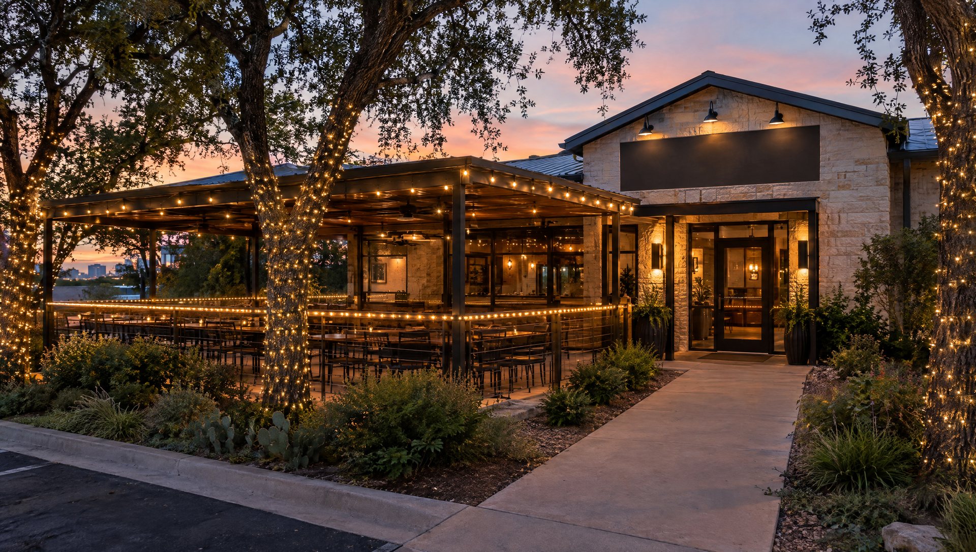 A restaurant at dusk with lights on the roofline, patio rails and nearby trees and a clear walkway to the door.