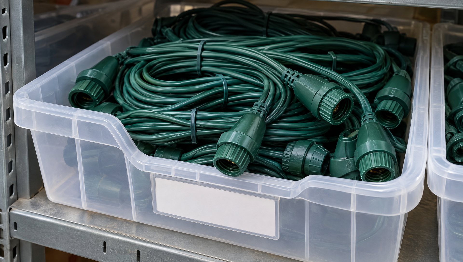 Commercial LED C9 strings with sealed sockets and a screw-on connector coiled in a storage bin.