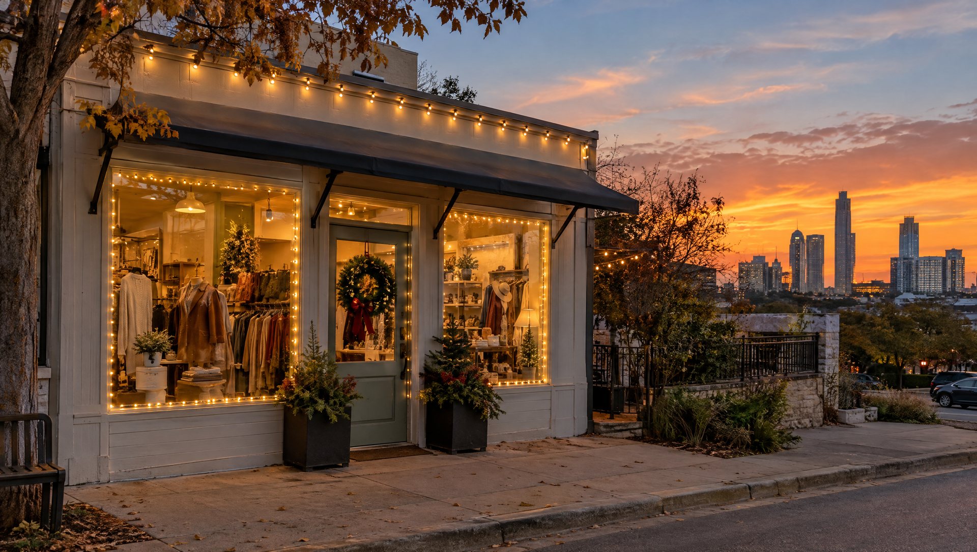 A small boutique storefront with lights coming on along the fascia and windows at sunset.