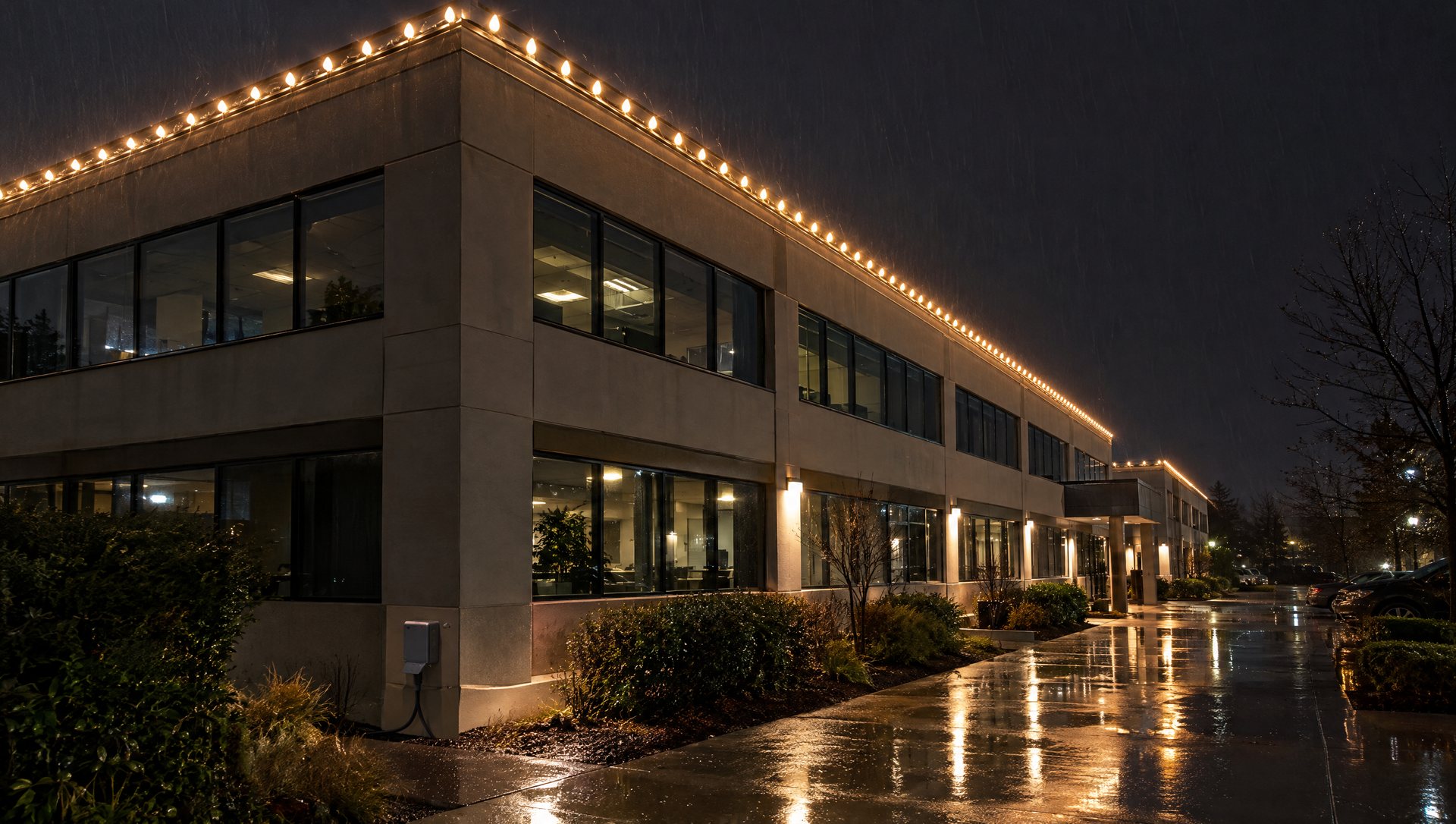 Clipped lights along an office parapet at night in light rain, with wet reflections on the walkway.