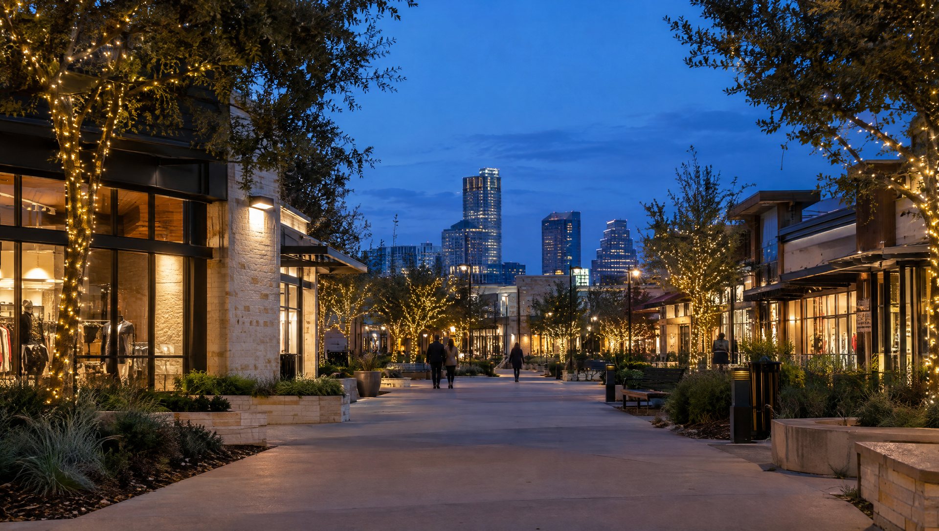 A retail plaza at blue hour with lit storefronts, wrapped trees and a few distant shoppers seen from behind.