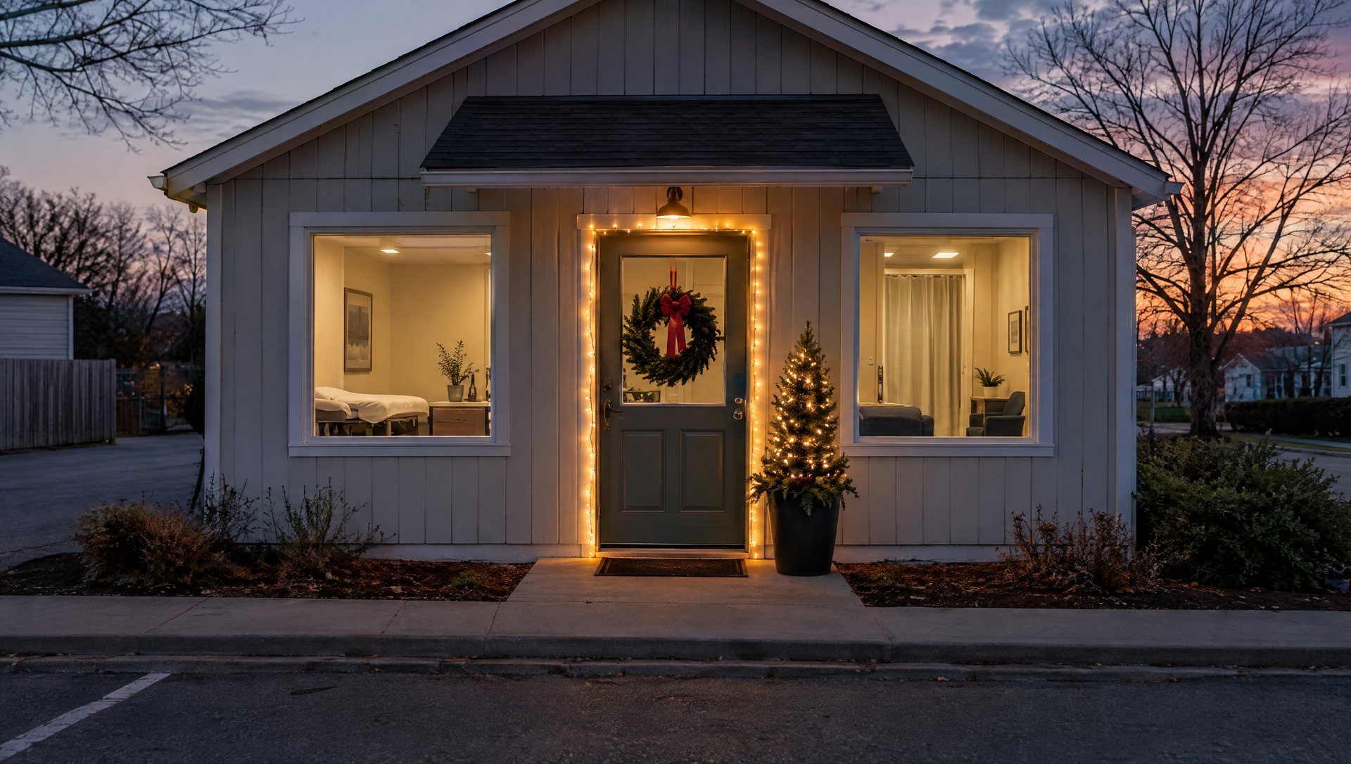 A small storefront at dusk with just a wreath, a lit door frame and one wrapped tree.
