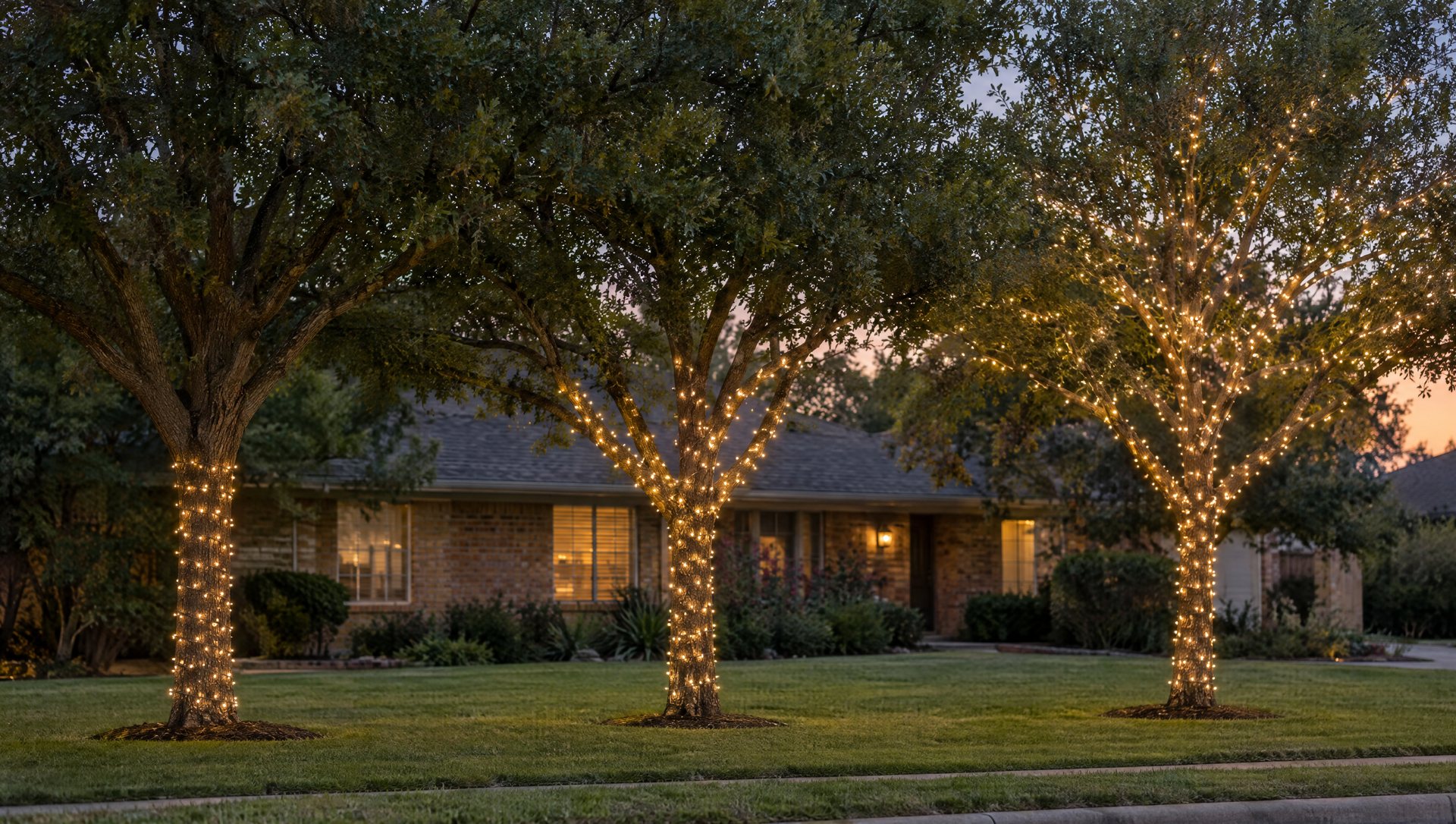 Three trees at dusk showing a trunk-only wrap, a trunk-and-limb wrap and lights reaching into the canopy.