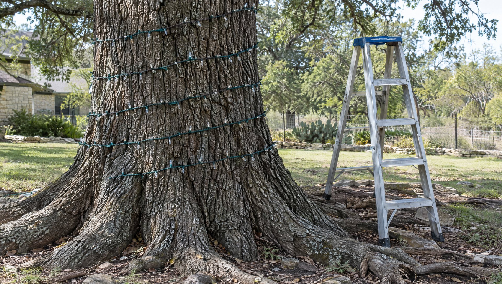 Thick, furrowed oak trunk partly wrapped in a mini light string, with a stepladder on root-covered ground.
