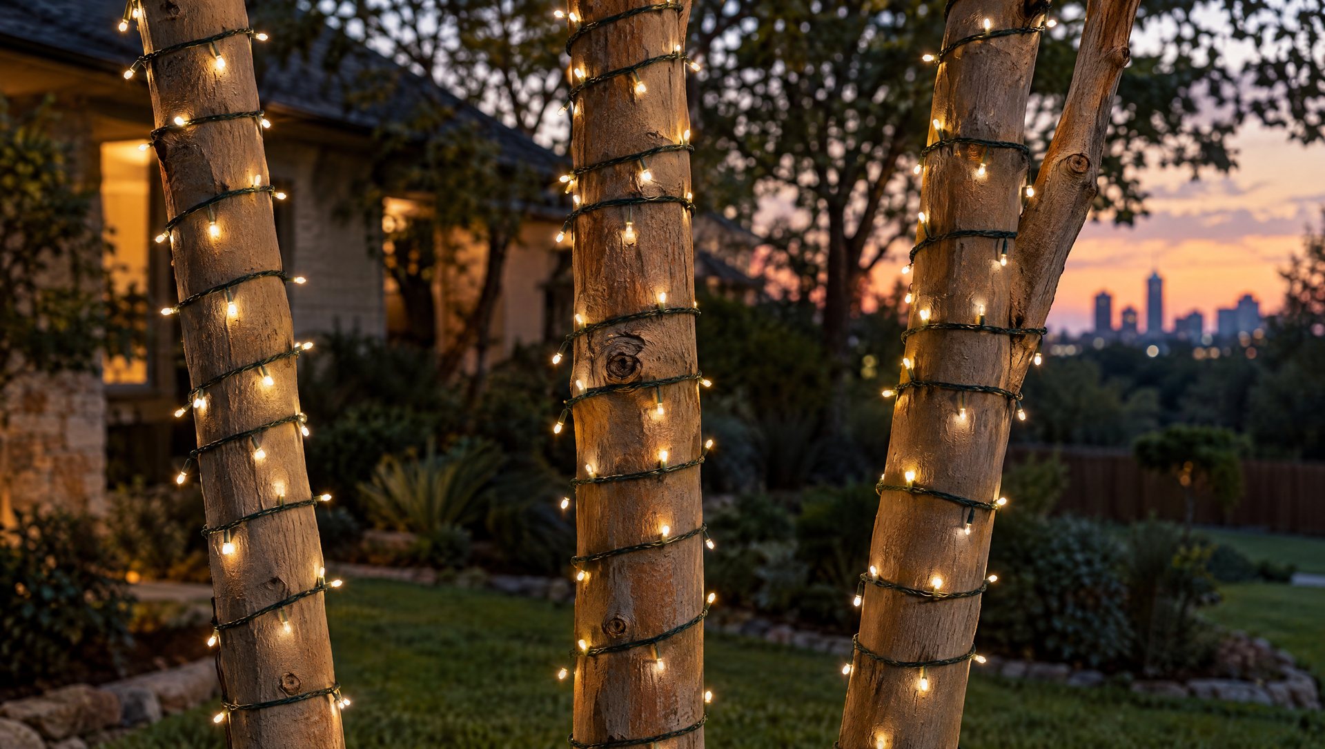 Close view of three slender trunks wrapped in warm white mini lights with even gaps between the wraps.