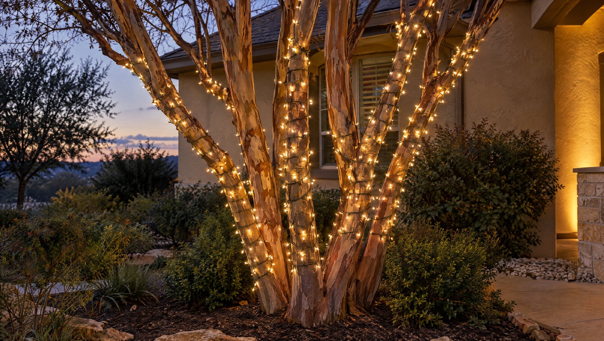 Multi-trunk crape myrtle at dusk with each trunk and its main limbs wrapped in warm white lights.