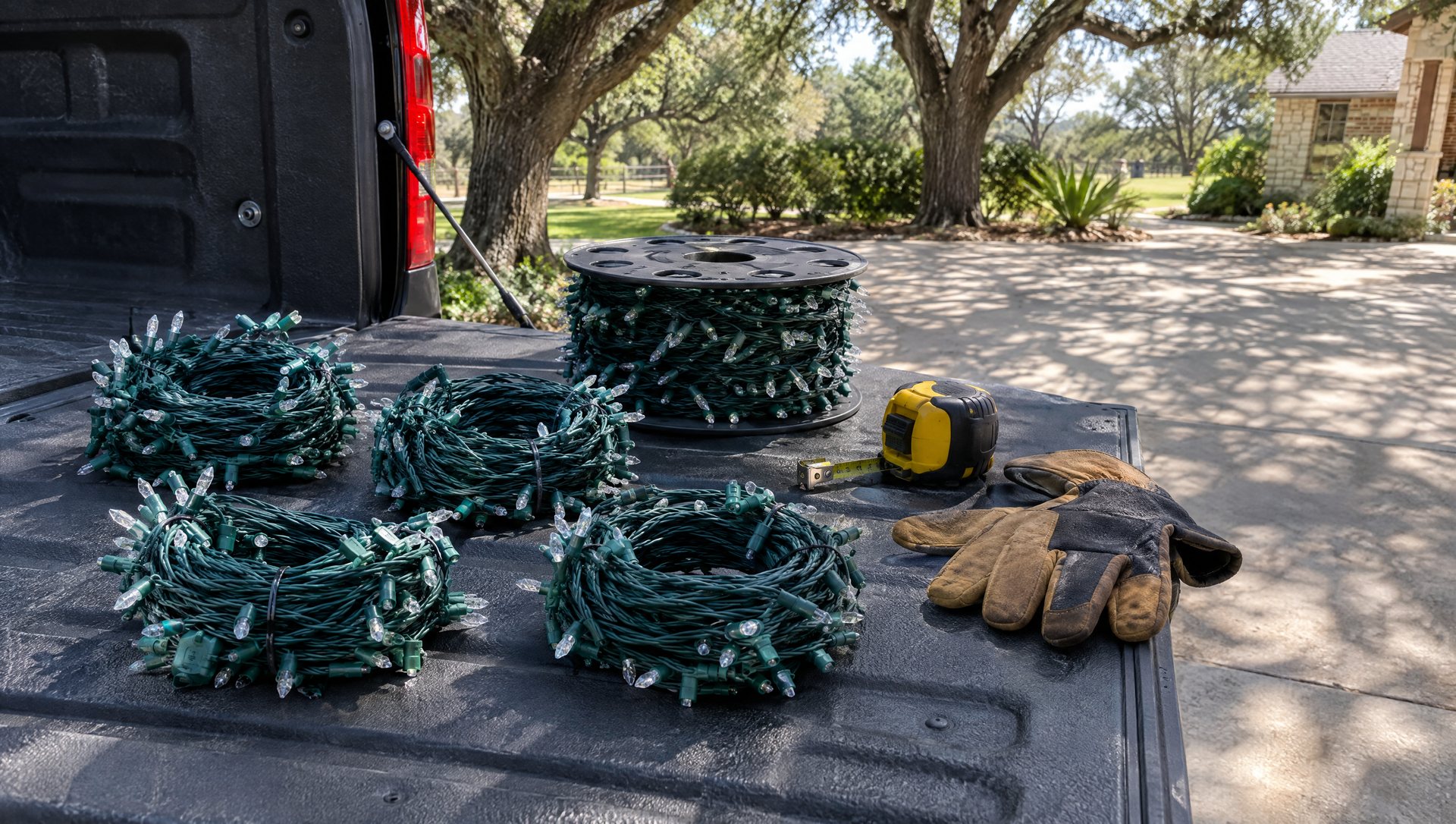 Coiled mini light strings, a tape measure and work gloves laid out on a truck tailgate.