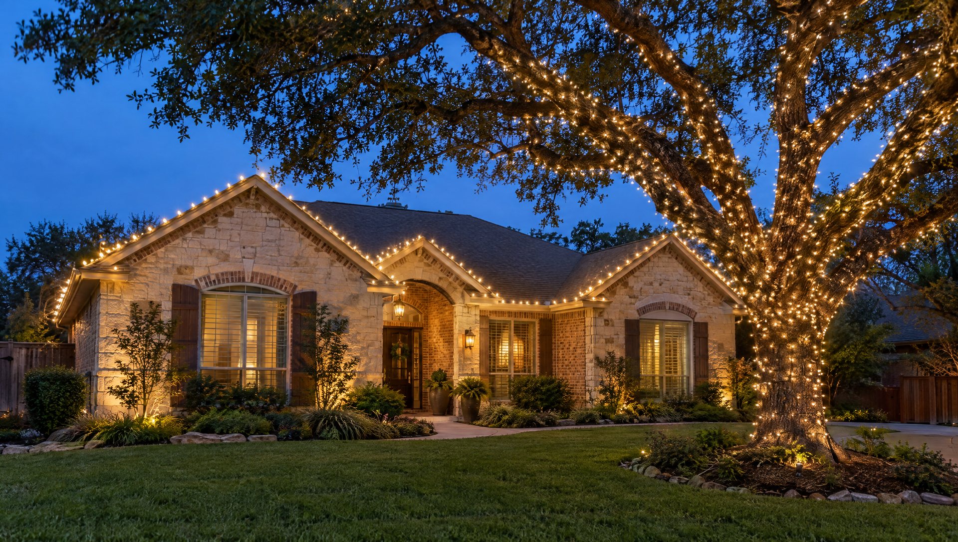 Single-story home at dusk with a lit roofline and a wrapped tree in the front yard.