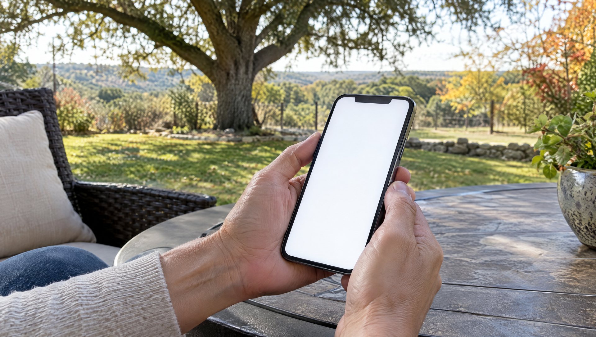 Hands holding a phone over a patio table with a large oak blurred in the background.