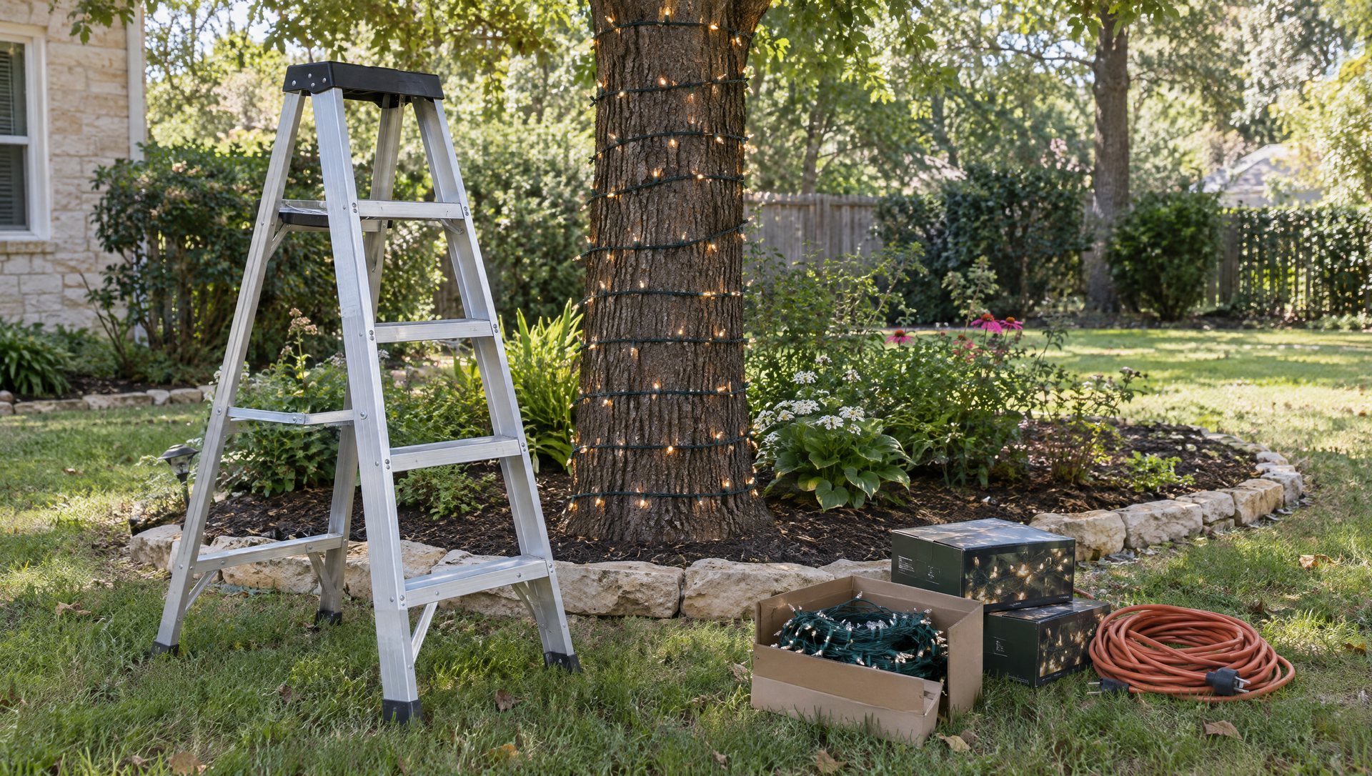 Stepladder beside a partly wrapped tree trunk with spare light strings and an extension cord on the lawn.