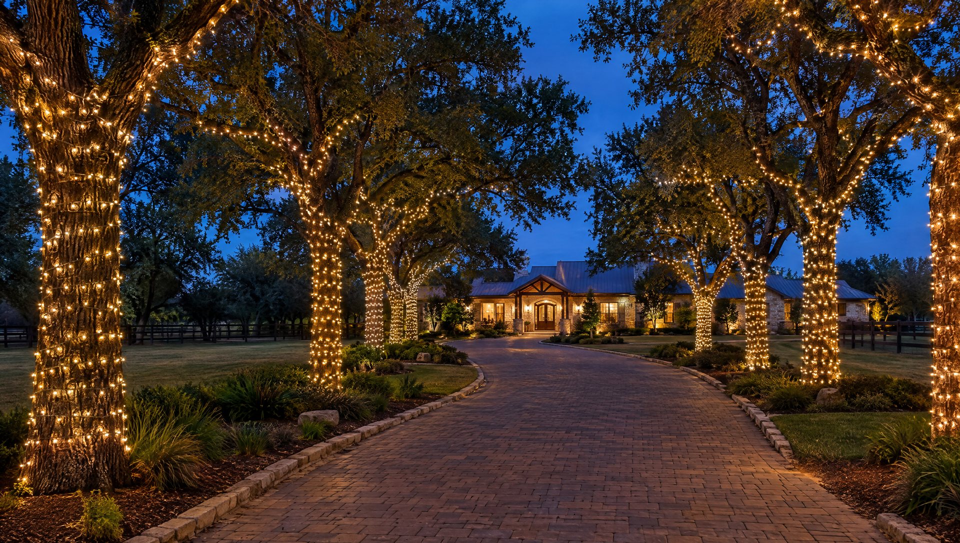 Curving driveway at dusk lined on both sides with tree trunks wrapped in warm white lights.