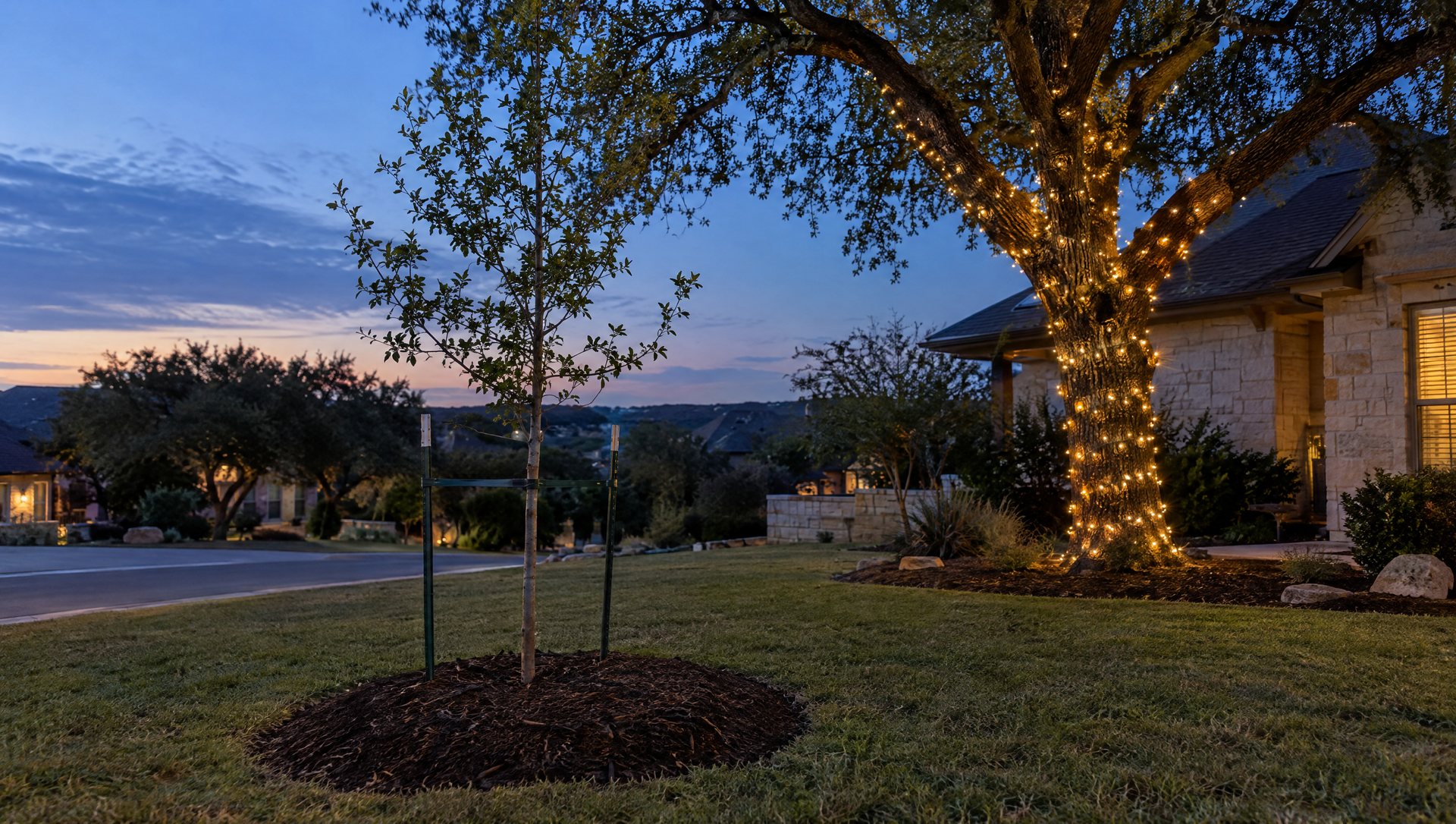 A young staked tree left dark beside a mature tree with a lit trunk at dusk.