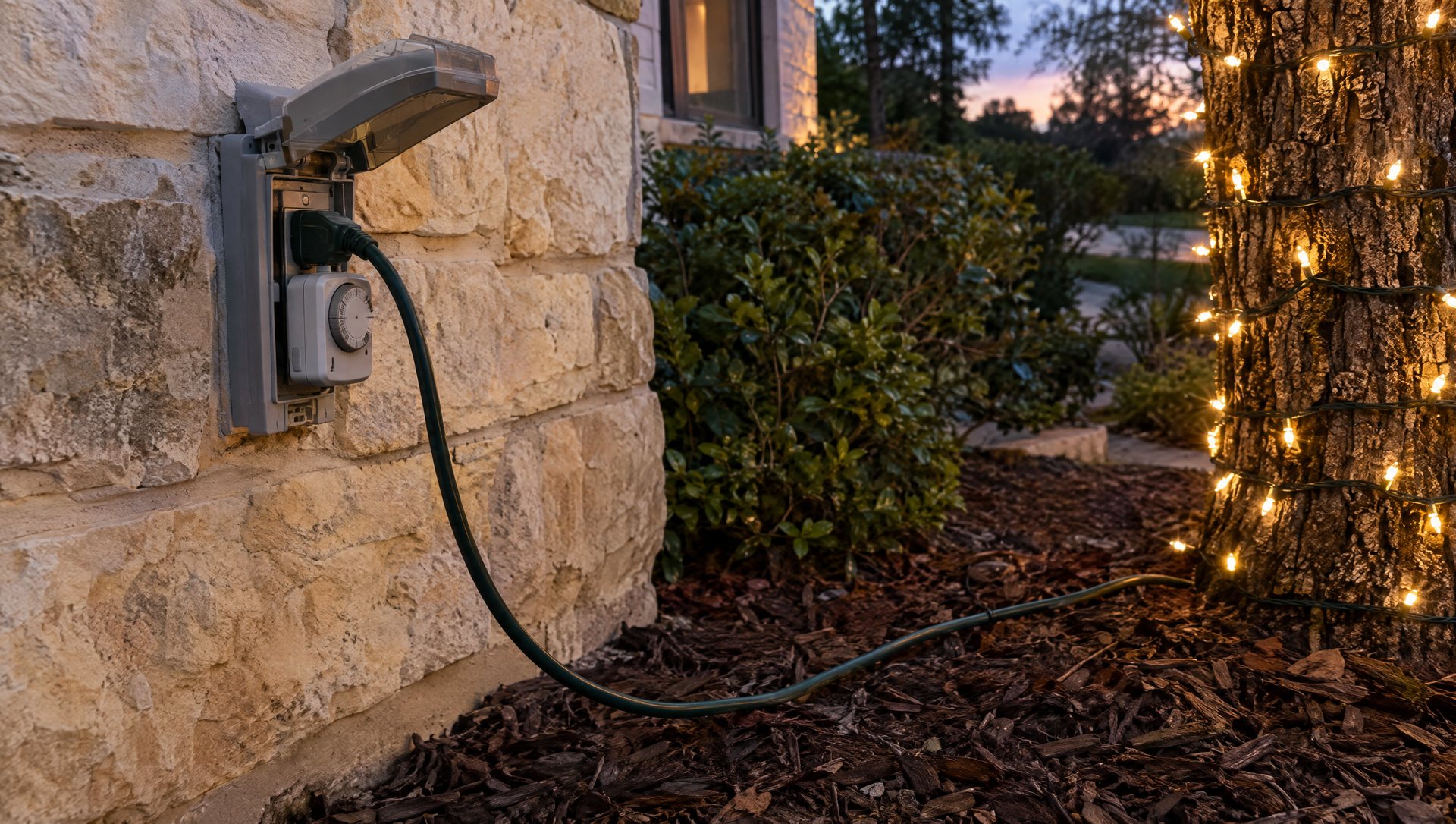 Outdoor outlet with a timer and an extension cord running to a lit tree trunk at dusk.